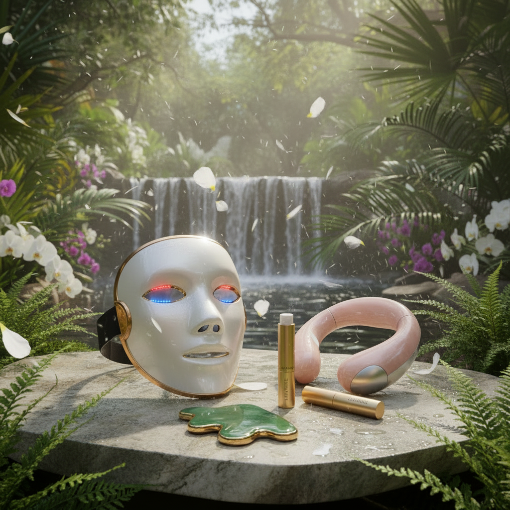 Facial therapy collection in an outdoor spa setting with waterfall and wind
